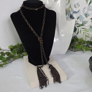 Vintage Copper Chain Lariat Necklace with Chain Tassel and Rhinestones